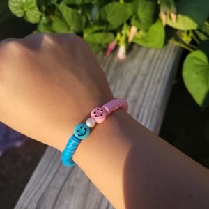 Pink & Blue Smiley Clay Bead Bracelet